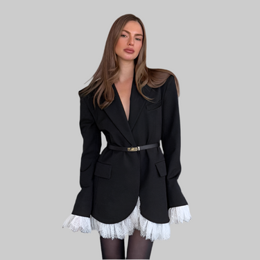 Fall V neck Lace Adult Lady like Woman Wind Black Elegant Blazer for Women(Without Belt)